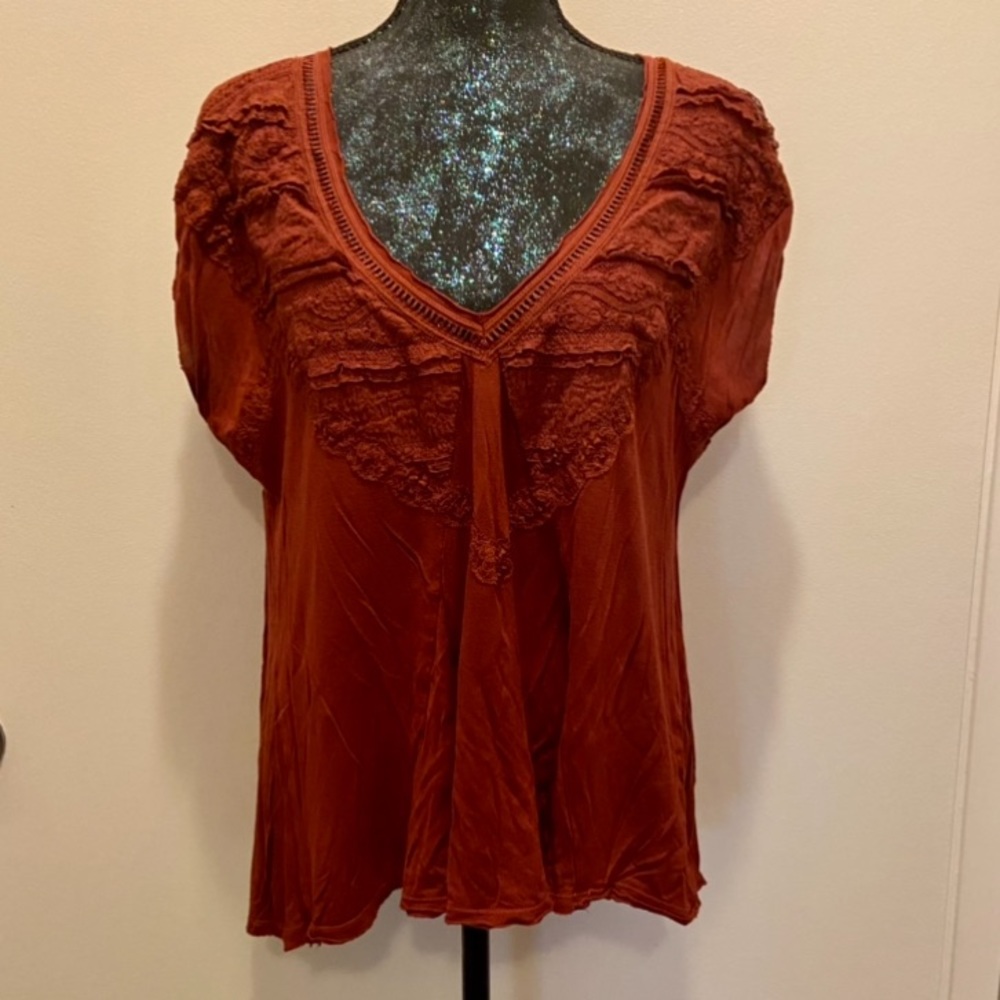 Free People Boho Abagail Tunic Top with Lace Detail in Rust - Picture 3 of 10